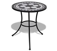 HaoChrymec Mesa de Bistro, Mesa Alta Exterior con Tablero de Mosaico Cerámico, Estructura de Hierro Estable, Ideal para Barra Bar, Jardín, Terraza o Camping, Color Blanco y Negro, 60 x 70 cm