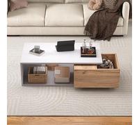 HaoChrymec Mesa de Centro con MDF, Cajón Giratorio 360° y Almacenaje Abierto, Mesa de Café Alto Brillo, Mesa Auxiliar, para Salón y Sofá, Blanco y Madera, 90x50x30cm