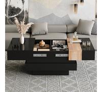 HaoChrymec Mesa de Centro Cuadrada con Tablero de Partículas, Tapa Extensible con Almacenaje Oculto y Acabado Alto Brillo, Mesa Auxiliar, para Salón y Sala de Estar, Negro, 70x70x39cm