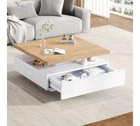 HaoChrymec Mesa de Centro Cuadrada de Tablero de Partículas con Giro 360°, Diseño 2 Brillo y Cajón Oculto, Mesa Auxiliar, para Salón y Oficina, Blanco y Nogal, 70x70x36cm