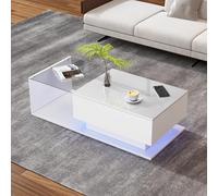 HaoChrymec Mesa de Centro de Tablero de Partículas con Cristal y LED Bluetooth, Superficie Alto Brillo Antirrayaduras, Cajón Integrado, Mesa Centro Moderna, para Salón y Zona TV, Blanco, 100x50x32cm