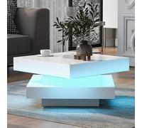 HaoChrymec Mesa de Centro de Tablero de Partículas con Superficie Giratoria 360° y Luz LED, Mesa de Café, Mesa Auxiliar, para Salón y Entretenimiento, Blanco, 70x70x36cm