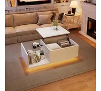 HaoChrymec Mesa de Centro LED de Tablero de Partículas con Acabado Alto Brillo, Altura Ajustable y Almacenamiento Oculto, Mesa de Café Elevable, para Salón y Sala de Estar, Blanco, 100x50x33-46.5cm