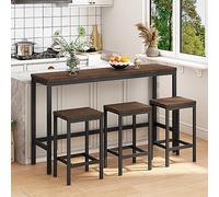 HaoChrymec Mesa de Comedor de Cocina con MDF y Metal, Diseño Moderno Tipo Pub, Mesa Larga con 3 Taburetes, Mesa Alta, para Cocina y Comedor, Marrón Oscuro, Set de 4 Piezas 148x40x90cm