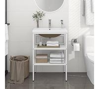 HaoChrymec Mueble Bajo Lavabo con Estructura de Hierro, Lavabo Integrado de Cerámica, Diseño Moderno, Armario Multiusos, Armario Baño, para Baño y Aseo, Color Blanco, 59 x 38 x 83 cm