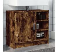 HaoChrymec Mueble Bajo Lavabo, Madera de Ingeniería, Diseño Compacto, Armario Baño Auxiliar, con 1 Compartimento Cerrado y 3 Abiertos, para Baño y Aseo, Color Roble Ahumado, 63 x 29 x 55 cm