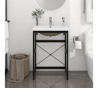 HaoChrymec Mueble de Baño con Lavabo Integrado, Hierro con Recubrimiento en Polvo, Diseño Moderno, Mueble Bajo Lavabos, Armario de Baño Auxiliar, para Baños o Aseo, Color Negro, 59 x 38 x 83 cm