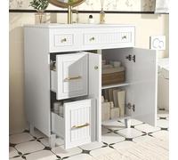 HaoChrymec Mueble De Baño De Pie con Cerámica, Almacenamiento Multifuncional y Patas De Madera, Lavabo con Mueble, Armario De Baño, Adecuado para Baño y Aseo, Verde, 81.70x46.80x90.00 cm