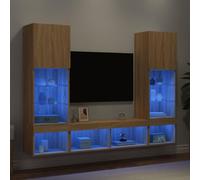 HaoChrymec Mueble de Pared de Madera y Vidrio con 5 Piezas e Iluminación LED, Diseño Moderno y Gran Almacenamiento, Color Roble Sonoma, Conjunto de Armarios 40.5x30x102 cm y 100x30x30 cm