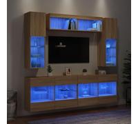 HaoChrymec Mueble de Pared de Madera y Vidrio con 6 Piezas e Iluminación LED, Diseño Suspendido y Gran Almacenamiento, Color Roble Sonoma, Conjunto de Unidades 30.5x30x102 cm y 98.5x30x60.5 cm