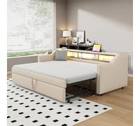 HaoChrymec Sofá Cama Tapizado con Tejido de Lino, con Cama Nido Extensible y Almacenaje Multifuncional con LED y USB, Cama Juvenil para Dormitorio y Apartamento, Beige, 90/180 x 190 cm