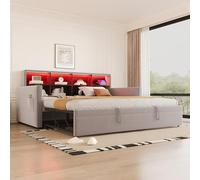 HaoChrymec Sofá Cama Tapizado de Terciopelo con Cabecero con Almacenaje, LED y Puertos de Carga, Cama Nido Extensible, Apto para Dormitorio y Habitación Juvenil, Gris Claro, 90 x 190 cm