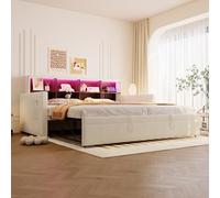HaoChrymec Sofá Cama Tapizado de Terciopelo con Cabecero con Almacenaje, LED y Puertos de Carga, Cama Nido Extensible, Apto para Dormitorio y Habitación Juvenil, Beige, 90 x 190 cm