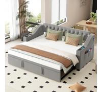 HaoChrymec Sofá Cama Tapizado de Terciopelo con USB y Almacenaje en los Brazos, Cama Nido Extensible con Somier y Bolsillos Laterales, Apto para Dormitorio y Apartamento, Gris, 90/180 x 190 cm