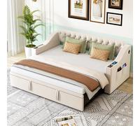 HaoChrymec Sofá Cama Tapizado de Terciopelo con USB y Almacenaje en los Brazos, Cama Nido Extensible con Somier y Bolsillos Laterales, Apto para Dormitorio y Apartamento, Beige, 90/180 x 190 cm