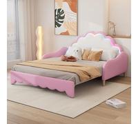 HaoChrymec Sofá Cama Tapizado en PU con Función Convertible a Cama Plana, Cabecero con Iluminación LED y Estilo Moderno, Cama para Dormitorio y Apartamento, Rosa, 140 x 200 cm