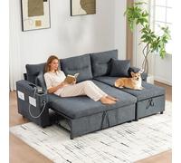 HaoChrymec Sofá de 3 Plazas de Lino con Almacenaje, USB-C y Chaiselongue Hidráulica, Sofá Cama con Cajones, para Salón y Zona de Estar, Gris Oscuro, 212.5x136x86cm