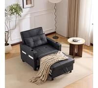 HaoChrymec Sofá Individual 3-en-1 con Madera y Metal, Sofá-Cama Extensible con Portavasos y Puerto USB, Sillón Reclinable, para Salón y Dormitorio, Negro, 74x87x84cm