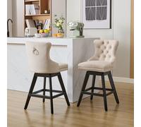 HaoChrymec Taburetes de Bar con Terciopelo, Giratorios 360° con Botones Capitoneados y Patas de Madera, Sillas Barra, Taburetes Altos, para Comedor y Barra, Beige, Set de 2