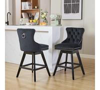 HaoChrymec Taburetes de Bar con Terciopelo, Giratorios 360° con Botones Capitoneados y Patas de Madera, Sillas Barra, Taburetes Altos, para Comedor y Barra, Negro, Set de 2