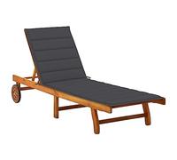 HaoChrymec Tumbona de Exterior con Cojín, Madera Maciza de Acacia, Ajustable y Plegable, con Ruedas y Reposavasos, para Jardín, Piscina o Playa, Color Antracita, 200 x 63 x 85 cm