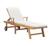 HaoChrymec Tumbona de Exterior, Madera de Teca Maciza con Cojín Cremallera, Respaldo Ajustable 3 Posiciones y Ruedas, para Jardín, Piscina, Playa o Camping, Color Crema, 195 x 59.5 cm