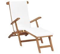 HaoChrymec Tumbona de Exterior Plegable con Cojín, Madera de Teca Maciza, Respaldo Ajustable 4 Posiciones, Reposapiés Extraíble, para Jardín, Piscina o Camping, Color Blanco Crema, 152 x 60 x 92 cm