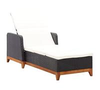 HaoChrymec Tumbona de Exterior, Silla de Playa Ajustable con Estructura de Ratán Sintético y Madera de Acacia, Reclinable en 5 Posiciones, Cojín Extraíble,Negro y Blanco Crema, 200 x 70 x 30-90 cm