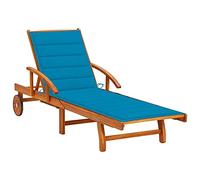 HaoChrymec Tumbona de Exterior, Silla de Playa Ajustable con Mesa Plegable, Estructura de Madera de Acacia Maciza, Cojín Desmontable Azul,Terraza, Piscina o Camping, 200x67x30/51/62/77/85cm