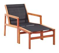 HaoChrymec Tumbona de Jardín con Reposapiés, Madera de Eucalipto Maciza y Textilene, Estructura Resistente y Transpirable, Sillón Exterior para Terraza o Balcón, Color Negro, 60 x 83.5 x 77.5 cm
