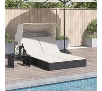 HaoChrymec Tumbona Doble con Techo, Silla de Exterior con Cojines de Ratán Sintético Negro, Reclinable y Plegable, para Jardín, Piscina o Camping, Color Negro, 105 x 200 x 50/52/64 cm