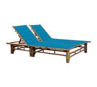 HaoChrymec Tumbona Doble para Exterior, Cama de Jardín con Cojines y Ajuste de 3 Posiciones, Estructura de Bambú Resistentes, para Jardín, Piscina o Playa, Color Azul, 200 x 130 x 24-87 cm