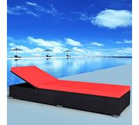 HaoChrymec Tumbona Exterior Plegable, Silla de Playa con Cojín Extraíble, Estructura de Acero y Ratán Sintético Resistentes, Ajustable en Múltiples Posiciones,Negro y Rojo, 195 x 60 x 31 cm