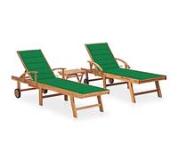 HaoChrymec Tumbonas de Exterior 2 uds, Conjunto con Mesa Auxiliar y Cojines, Madera de Teca Maciza, Reclinable en 3 Posiciones, Ruedas para Fácil Movimiento,Piscina o Camping,Verde, 195 x 59.5 cm