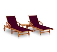 HaoChrymec Tumbonas de Exterior 2 uds, Conjunto con Mesa y Cojines, Madera Maciza de Acacia, Ajustable y Plegable, para Jardín, Piscina o Camping, Color Rojo Vino, 199 x 67 x 85 cm