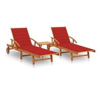 HaoChrymec Tumbonas de Exterior 2 uds, Juego con Mesa y Cojines, Madera de Acacia Maciza, Ajustable y Plegable, con Ruedas, Resistente a la Intemperie,Rojo, 199 x 67 x 30/85 cm y 40 x 40 x 40 cm