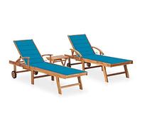 HaoChrymec Tumbonas de Exterior 2 uds, Juego de Tumbona con Mesa y Cojines, Madera de Teca Maciza, Ajustable y Plegable, para Jardín, Piscina, Camping, Azul, 195 x 59.5 cm