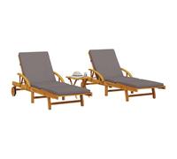 HaoChrymec Tumbonas de Exterior 2 uds, Reclinable 5 Posiciones con Mesa de Madera de Acacia Maciza, Silla Playa Plegable con Ruedas y Cojines Lavables,Marrón, 200 x 68 x 30-83 cm