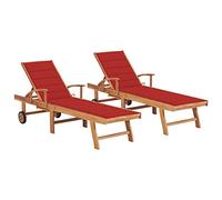 HaoChrymec Tumbonas de Jardín 2 Unidades, Madera de Teca Maciza con Cojines, Respaldo Ajustable 4 Posiciones y Ruedas, para Piscina, Playa o Camping, Color Rojo, 195 x 59.5 cm