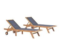 HaoChrymec Tumbonas Plegables con Ruedas, 2 Unidades, Teca Maciza y Textileno, Respaldo Ajustable 5 Posiciones, para Jardín, Piscina o Terraza, 206 x 60 x 35 cm