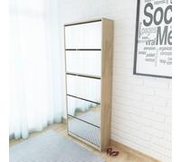 HaoChrymec Zapatero con 5 Compartimentos y Espejo, Madera Industrializada, Organizador para Entrada y Recibidor, Mueble Zapatero, Shoe Cabinet, Color Roble, 63 x 17 x 169.5 cm