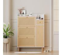 HaoChrymec Zapatero con MDF Y Rattan, 3 Puertas Abatibles Y 1 Cajón, Patas Y Tiradores De Madera, para Entradas Estrechas Y Pasillos, Natural+Blanco, B90/H125/T17 cm