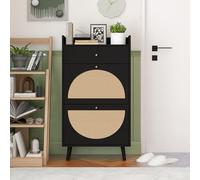 HaoChrymec Zapatero con Particle Board, Puertas Correderas De Rattán, 1 Cajón, Estantes Dobles Ajustables para Almacenamiento De Zapatos, para Pasillos Y Espacios Similares, Color Negro, 60x24x110cm
