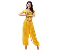 Haodasi Disfraz de danza del vientre para mujer, camiseta de baile + pantalones de farol profesionales, carnaval, bailarín, traje, amarillo, L