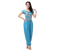 Haodasi Disfraz de danza del vientre para mujer, camiseta de baile + pantalones de farol profesionales, carnaval, bailarín, traje, azul, L