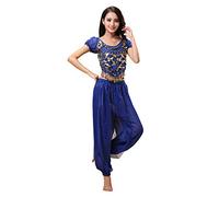 Haodasi Disfraz de danza del vientre para mujer, camiseta de baile + pantalones de linterna, traje profesional de bailarina de carnaval, azul oscuro, S