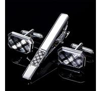 HAODUOO Gemelos a cuadros plateados, Clip de corbata for alfiler de corbata for hombre, regalo, patrón clásico, barra de corbata, gemelos, conjunto de Clip de corbata, joyería