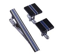 HAODUOO Jewelry Cufflinks Blue Striped Wood Men's Classic Tie Clip Cufflinks Set