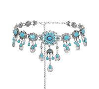 HAODUOO Necklaces Bohemian Blue Stone Belly Chains for Women Vintage Metal Coin Tassel Flower Bikini Dance Waist Body Chain Party Jewelry
