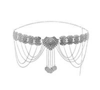 HAODUOO Waist Chain Ethnic Vintage Metal Belly Chains for Women Dancing Dress Belt Waist Chain Coin Long Tassel Woman(Silver)